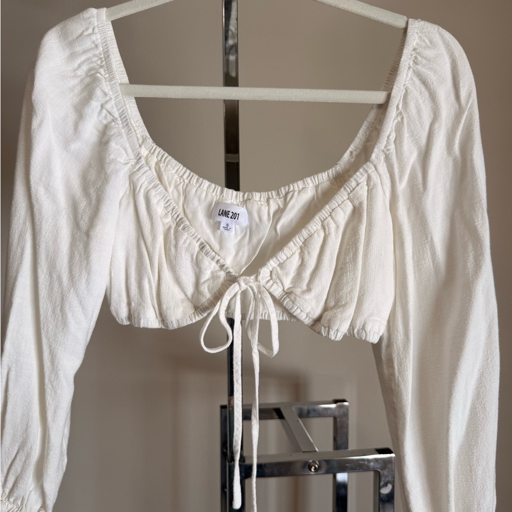 LANE 201 White Tie-Front Crop Top
